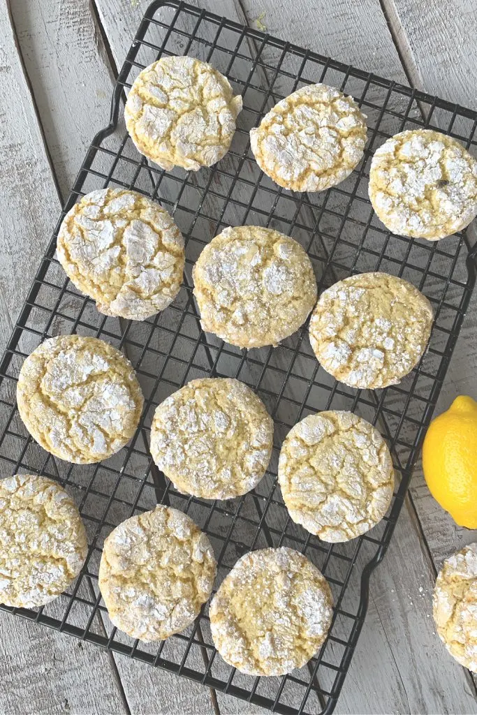 baking rack with 12 eggless lemon cookies with overhead view