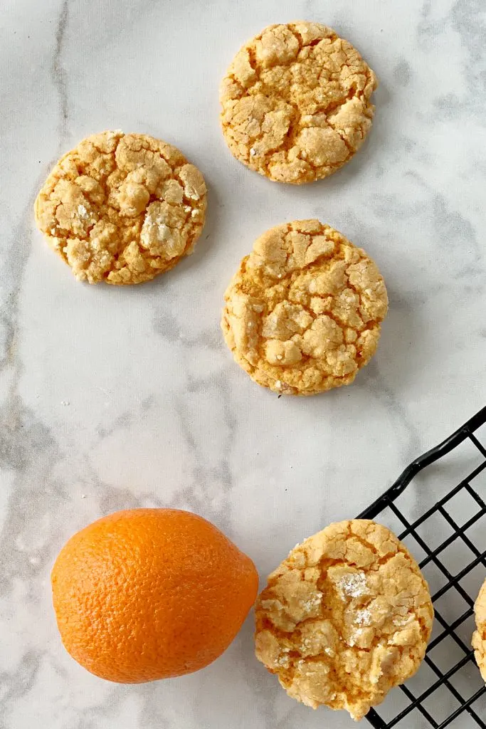 overhead view of orange cake mix cookies recipe on countertop