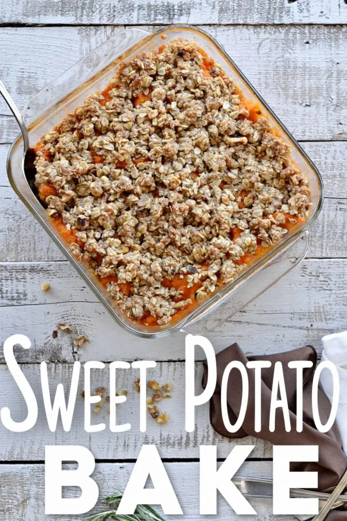 overhead view of square baking dish with eggless sweet potato casserole with oatmeal topping