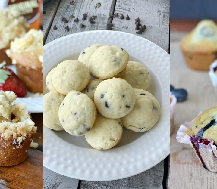 strawberry muffin, pile of pancake muffins, blueberry muffin