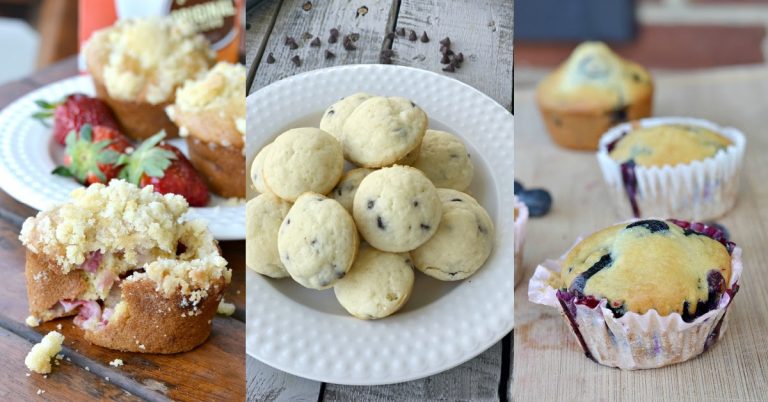 strawberry muffin, pile of pancake muffins, blueberry muffin