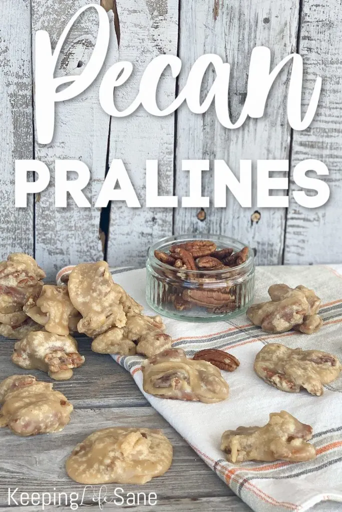 Pecan chews and small bowl of pecans on table