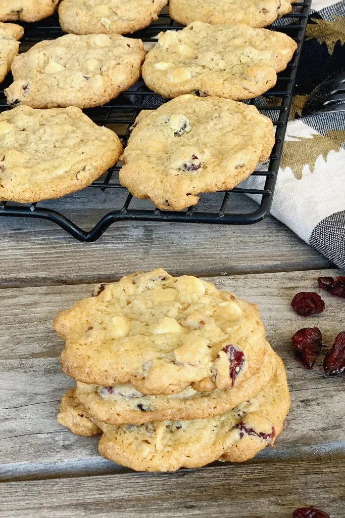 stack of eggless white chocolate chip cranberry cookies