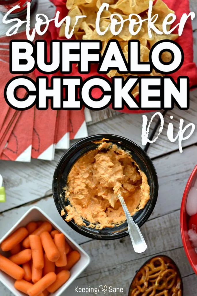 overhead view of mini slow cooker with buffalo chicken dip