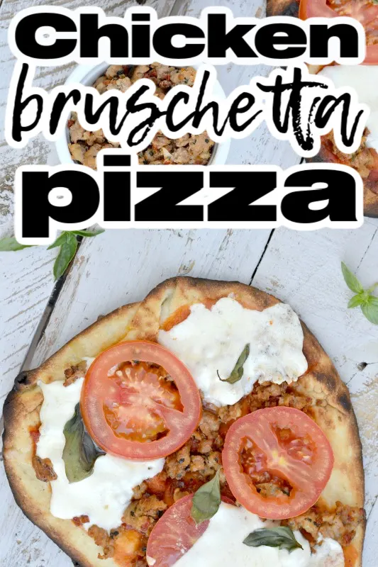 overhead view of grilled chicken bruschetta pizza on a wooden table