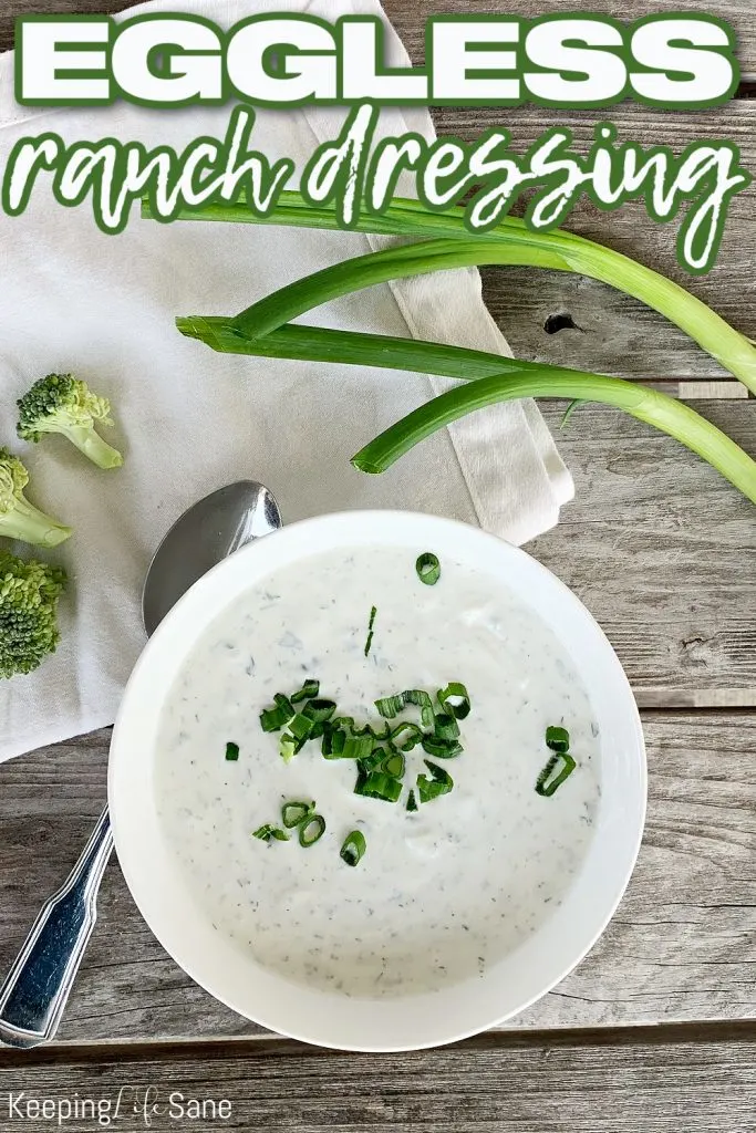 overhead view of ranch dip with scallions on top with cream napkin, green onions, broccoli and a spoon