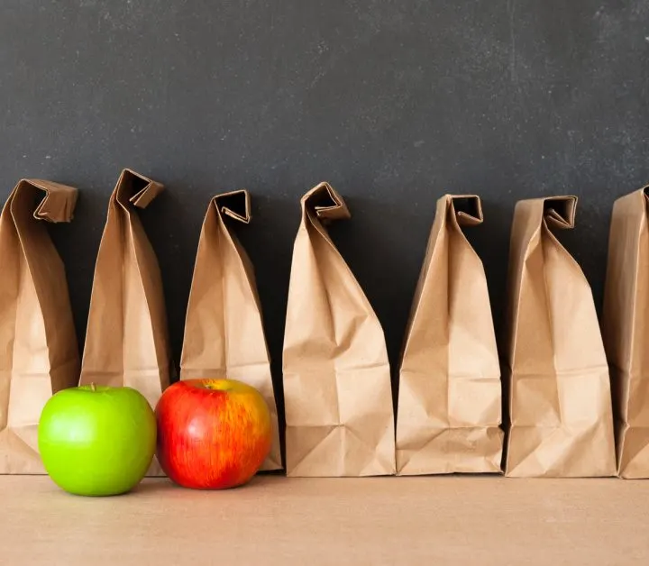 lunch bags lined against black chalkboard with one red apple and one green apple