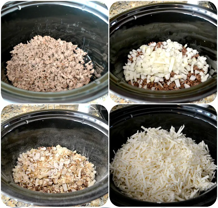 4 process shots of adding food to slow cooker for hamburger hash