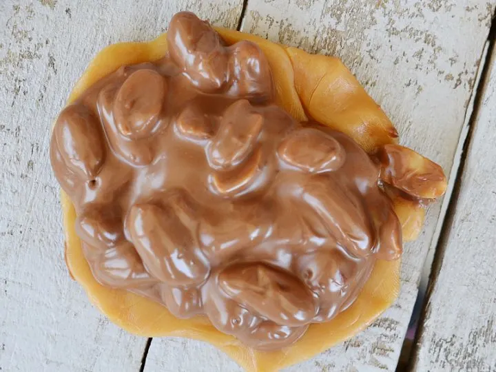 overhead closeup of gooey caramel and chocolate cluster