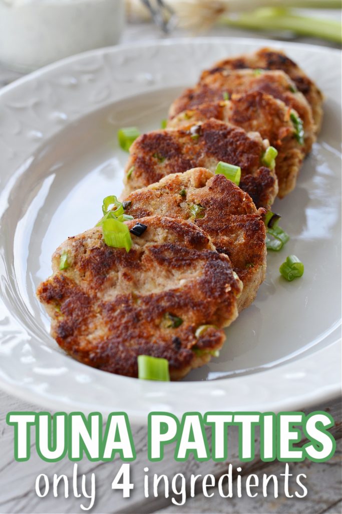 white platter with 6 tuna patties with chopped green chives