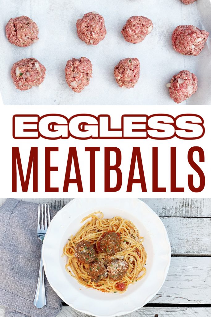 raw meatballs on top with overhead shot white bowl with with spaghetti and meatballs on bottom