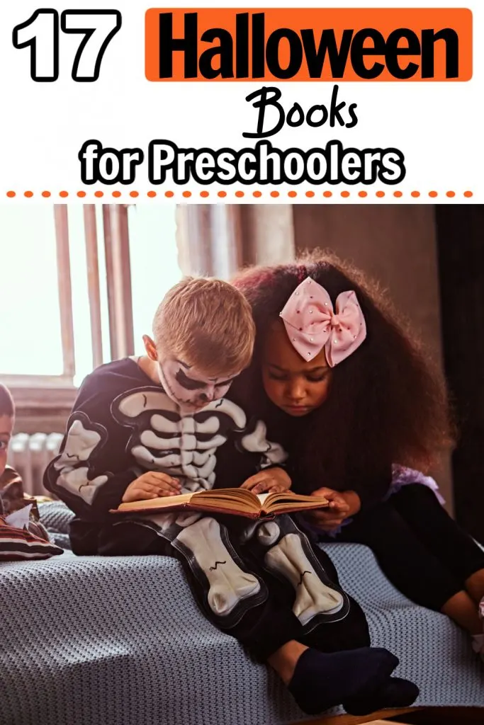 2 kids reading a book. One boy dressed as a skeleton and one girl with a big pink bow