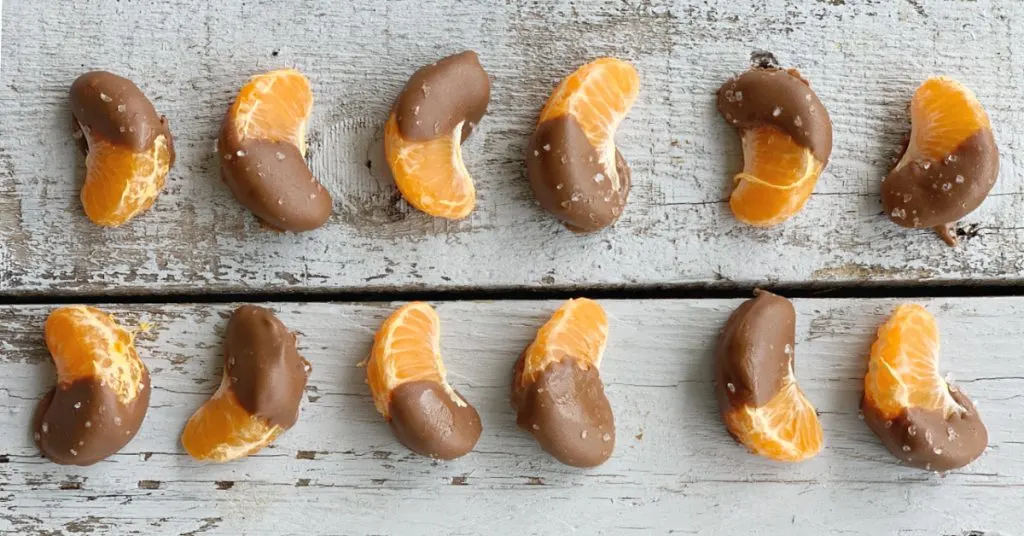 overhead view of two lines of chocolate dipped orange slices with sea salt on a grey wooden table
