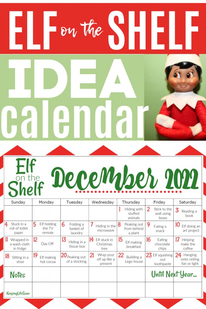 Red and green Elf on the Shelf calendar for December 2022