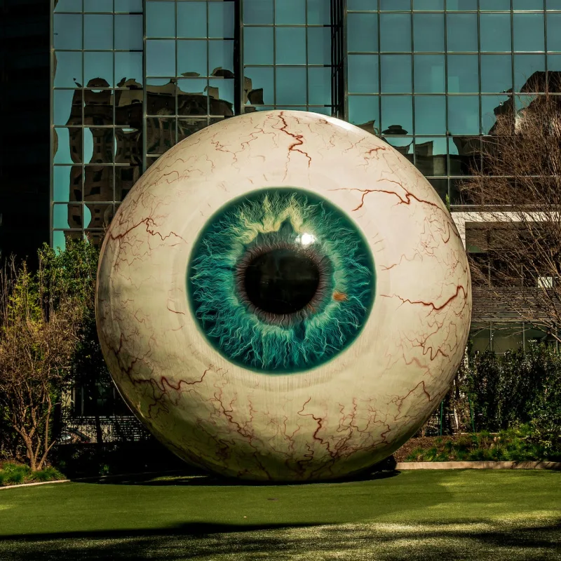 Big eyeball on green grass with building in background
