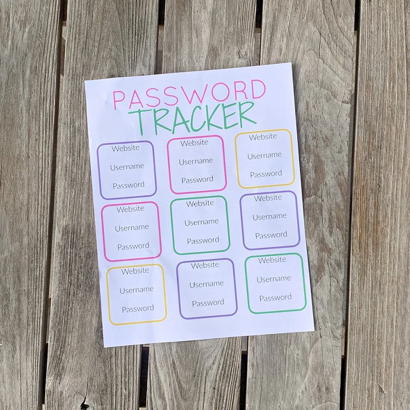 printout of colorful password keeper on wooden table