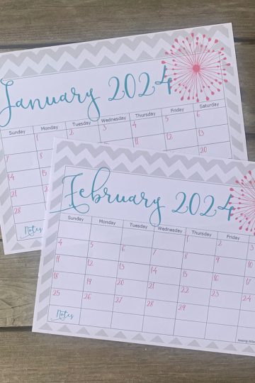 grey, teal and pink January 2024 and February 2024 printable calendar on wooden table