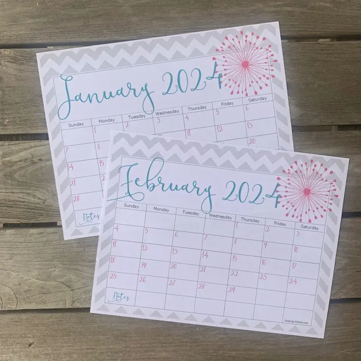 grey, teal and pink January 2024 and February 2024 printable calendar on wooden table