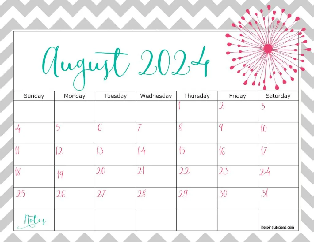 grey, teal and pink August 2024 printable calendar