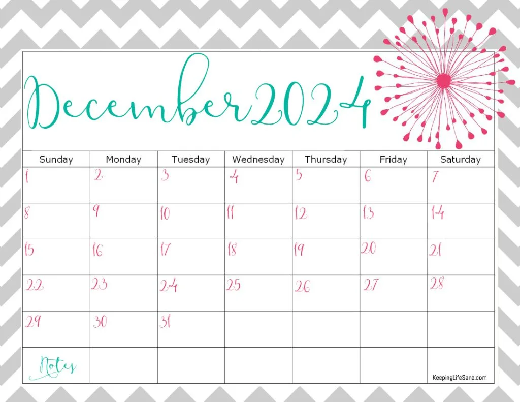 grey, teal and pink December 2024 printable calendar