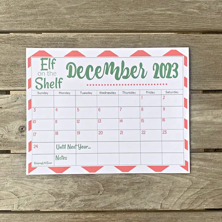 Red and green Elf on the Shelf calendar for December 2023