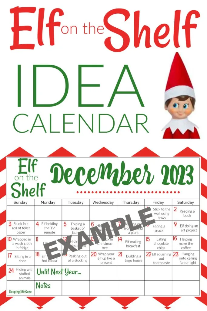 Red and green Elf on the Shelf calendar for December 2023