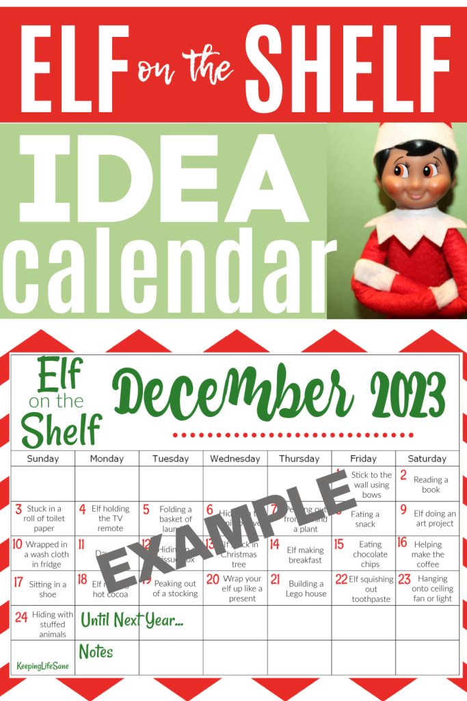 Red and green Elf on the Shelf calendar for December 2023