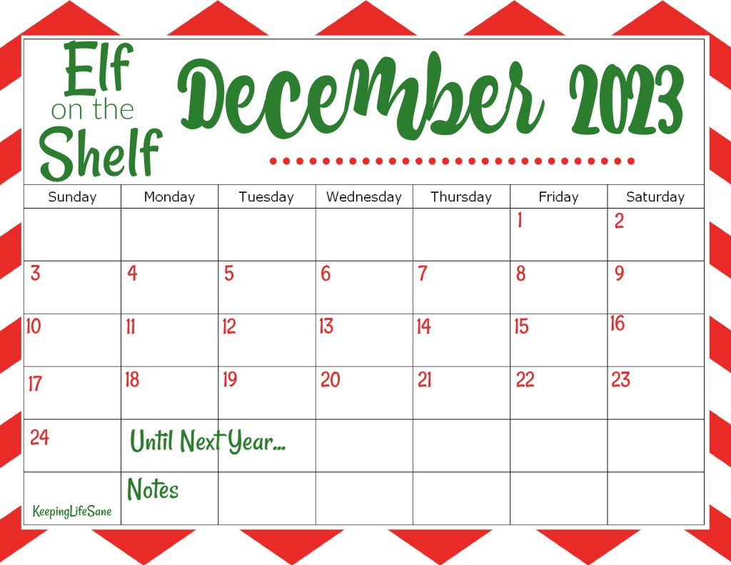 Red and green Elf on the Shelf calendar for December 2023