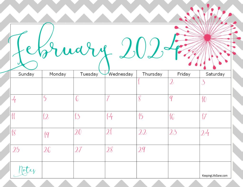 grey, teal and pink February 2024 printable calendar