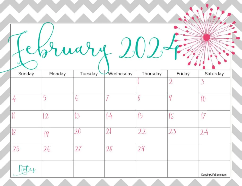 grey, teal and pink February 2024 printable calendar