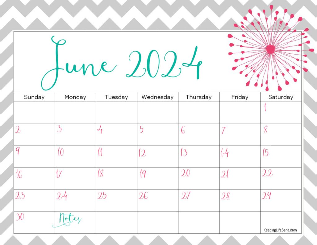 grey, teal and pink June 2024 printable calendar