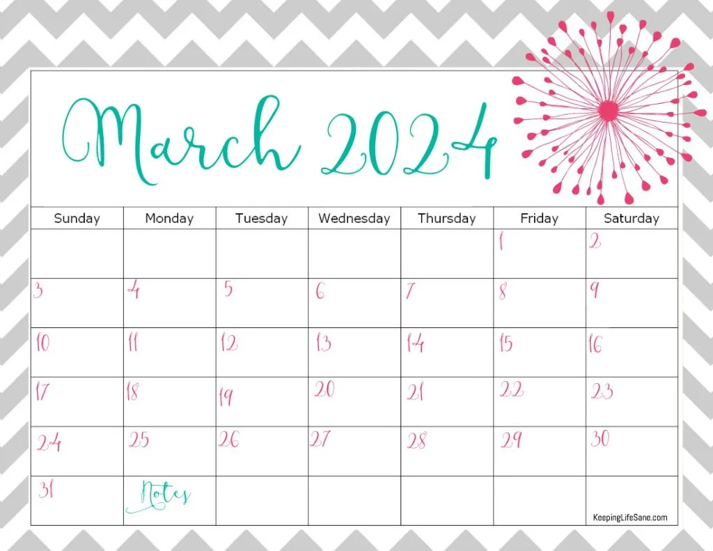 grey, teal and pink March 2024 printable calendar