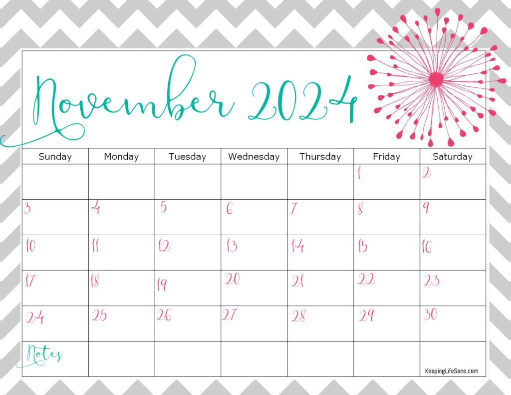 grey, teal and pink November 2024 printable calendar