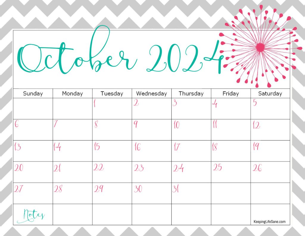 grey, teal and pink October 2024 printable calendar