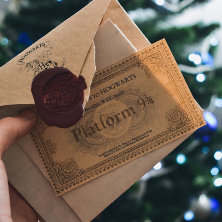 Harry Potter themed party invitation that says Platform 9 3/4