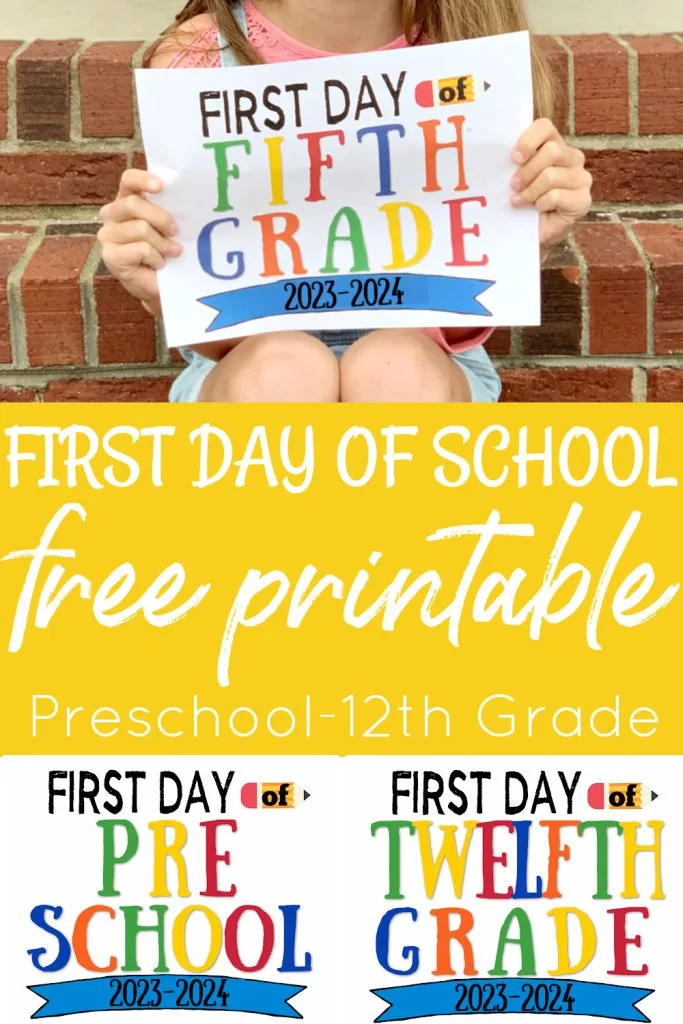 girl sitting on brick steps holding first day of school printable sign